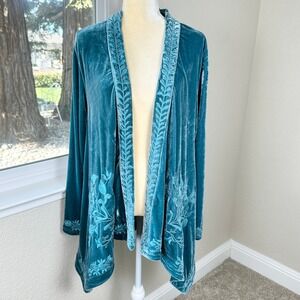 Floriana Teal Velvet Embroidered Open Front Cardigan‎ Kimono Womens XL Boho Cozy